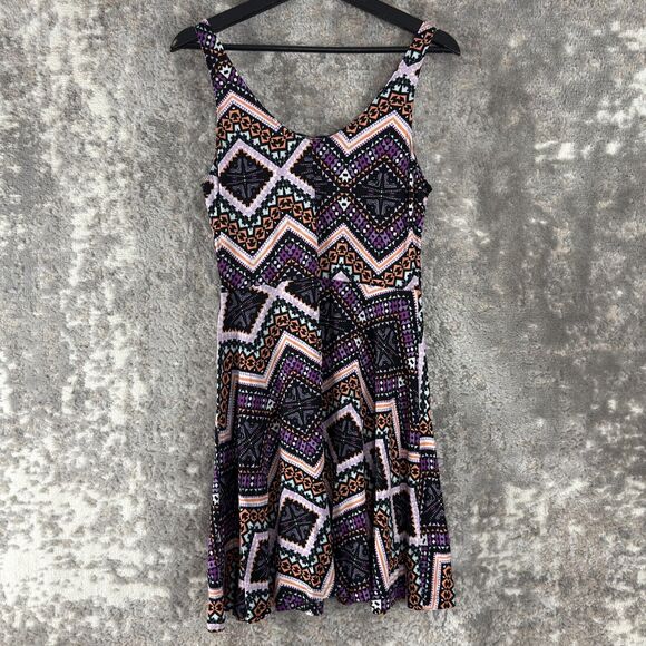 Express Size M Geometric Mini Fit Flared Dress Colorful Sleeveless Pullover - Picture 3 of 8